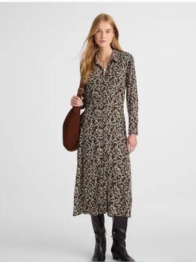 Madewell Ruched Midi Dress, Brown Pattern, NWT, Size 8